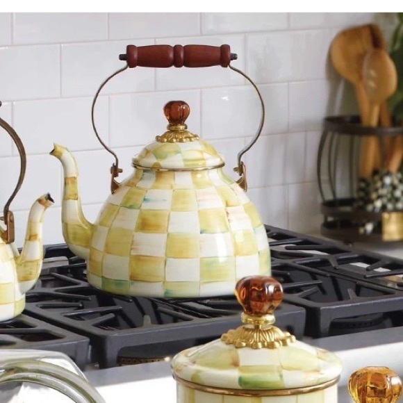 MacKENZIE CHILDS 3QT PARCHMENT CHECK TEA KETTLE - Picture 2 of 12